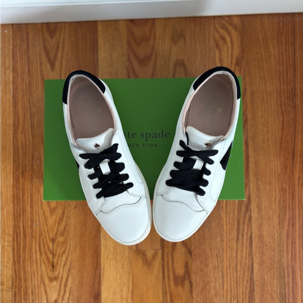 kate spade White Leather Sneakers with Black Spade Detail - Picture 4 of 12